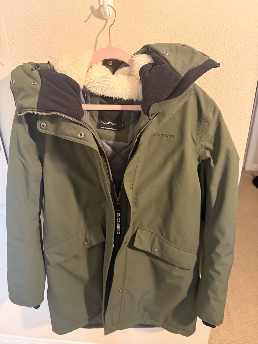 Didriksons Anette WNS Parka Women’s Olive Green Waterproof Hooded Parka Size 40